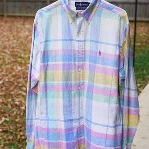 Vintage 1970s Polo Ralph Lauren Madras Pastel Colorblock Button-Up Shirt